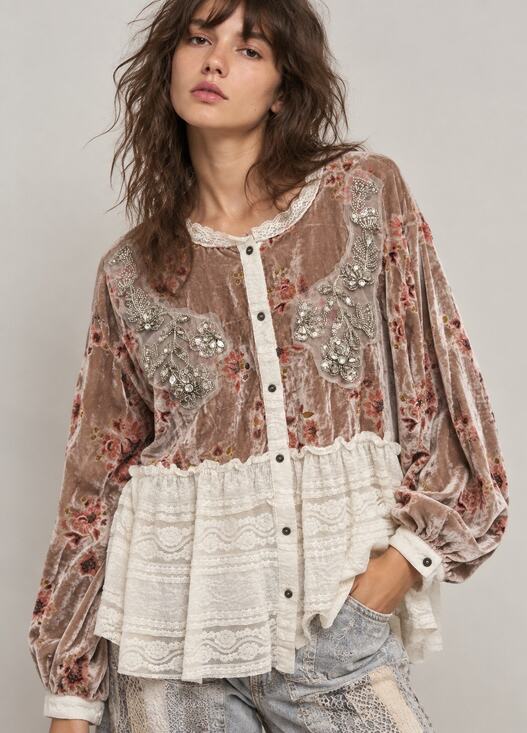 POL Tops - POL Velvet Floral Lace Beaded Sequin Crystal Romantic Boho Button Front Top Sz L